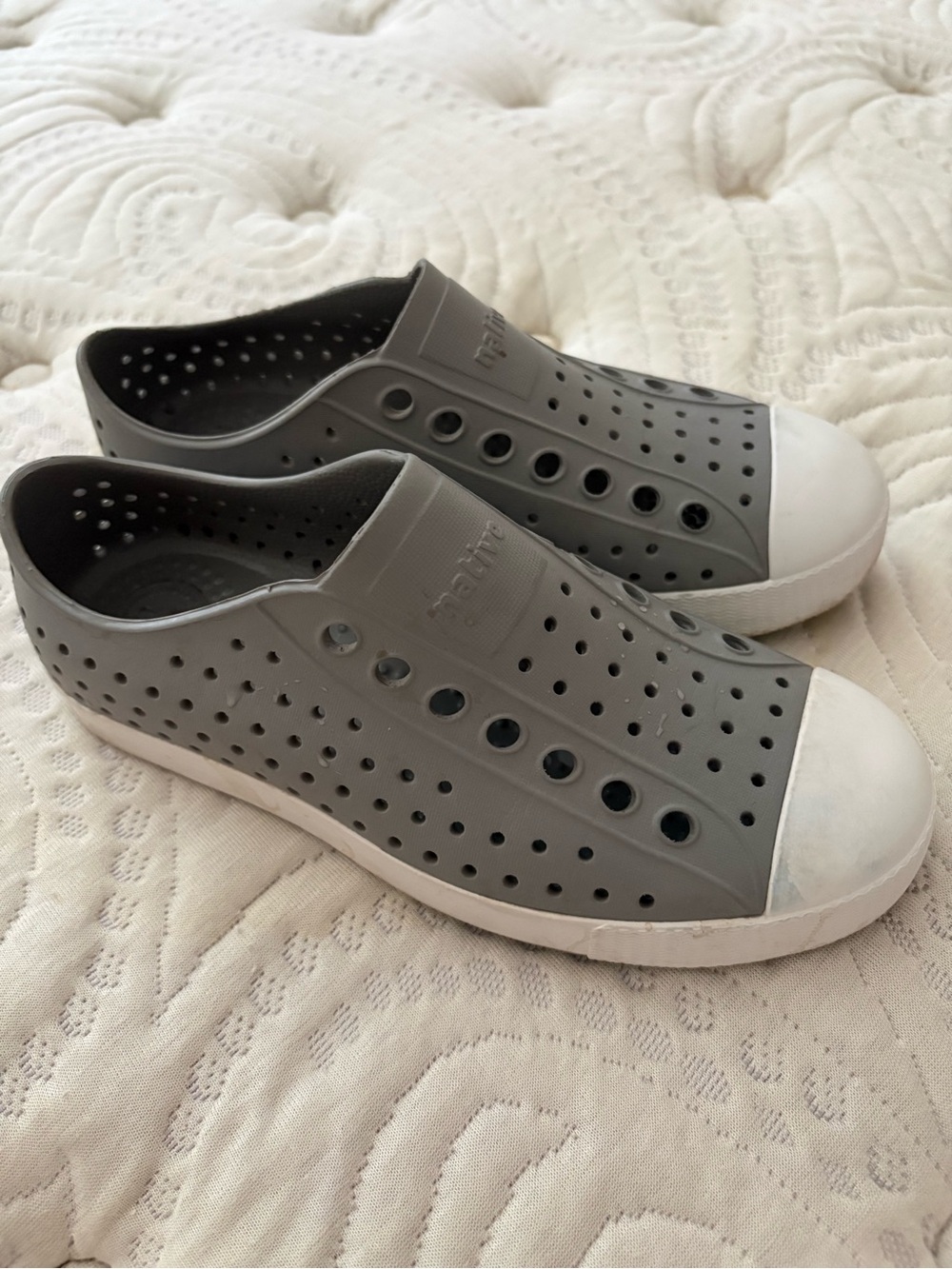 Native Shoes Gray Slip-On Perforated Sneakers with White Toe Cap